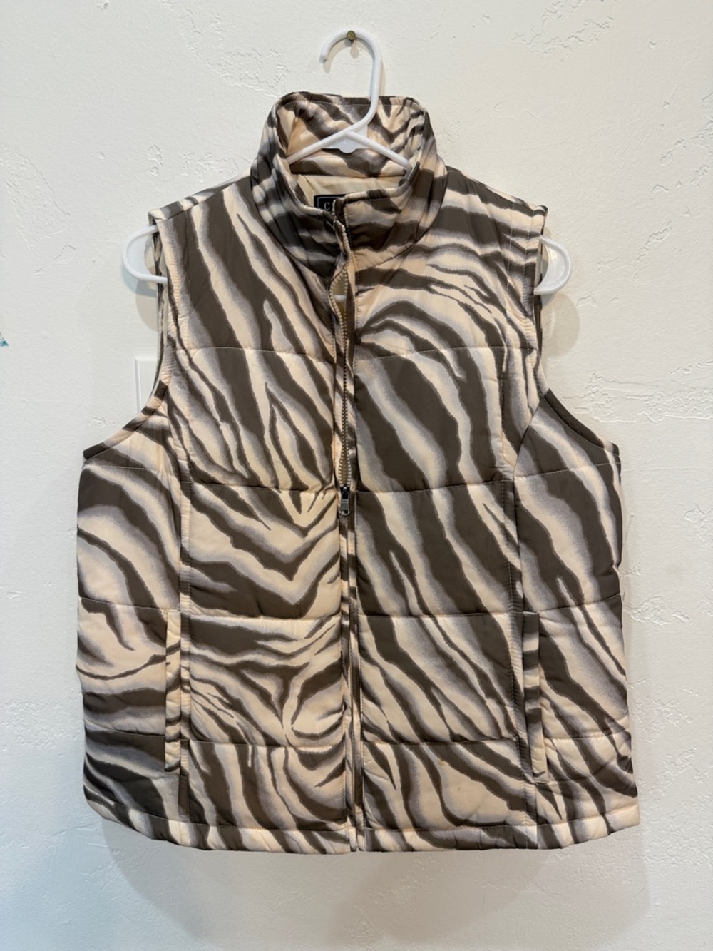 Chaps Zebra Print Puffer Vest in Black and Cream